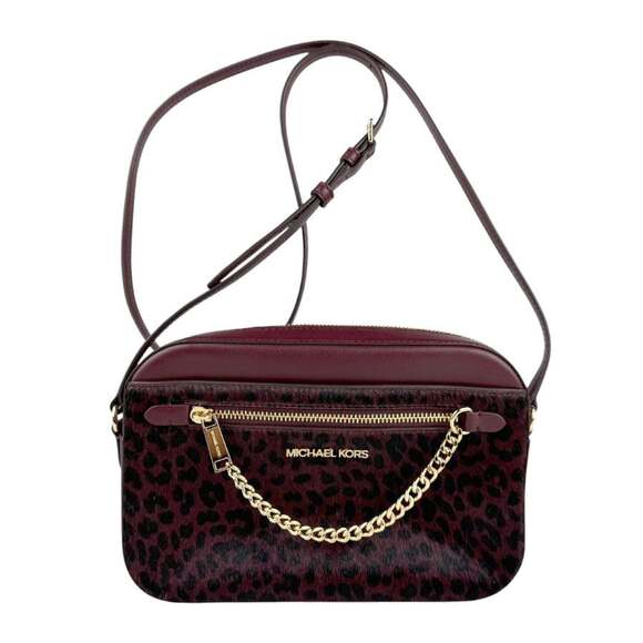 Michael Kors Shoulder Bag Leopard Print Porcelain Leather Burgundy Black...